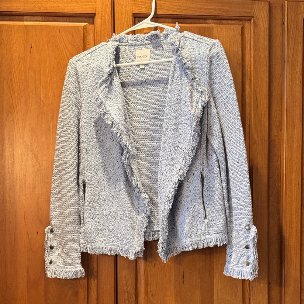 Nic + Zoe Women's Blue Fringe Mix Knit Jacket
